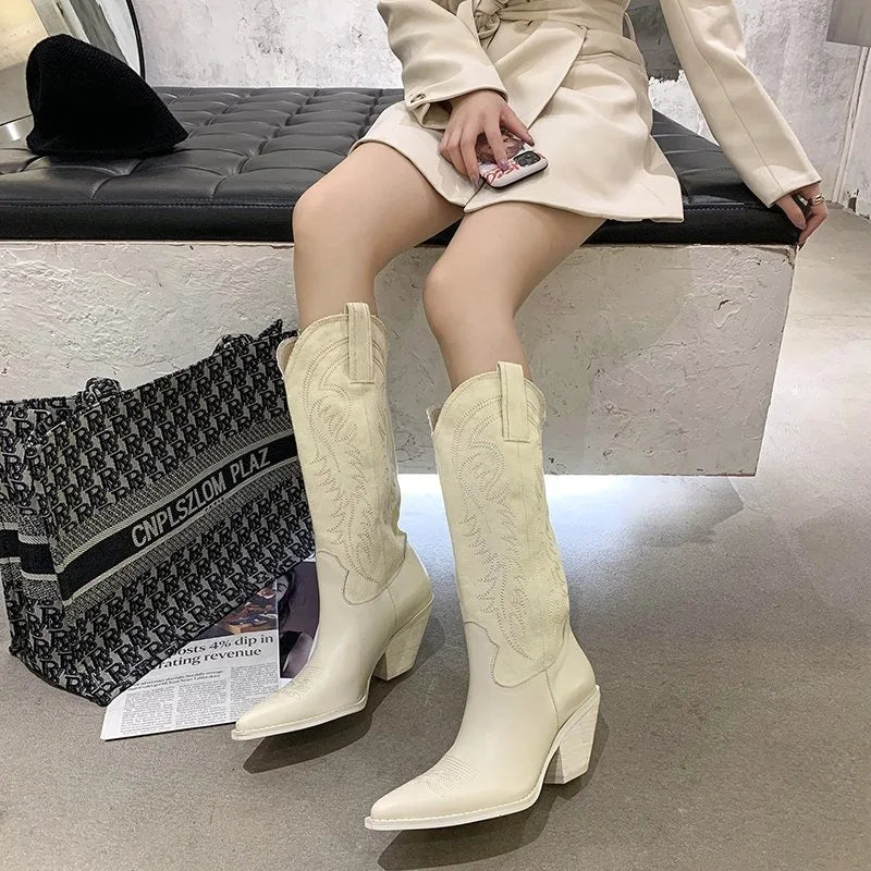 Western Cowboy Boots Pointed Toe High Heel Shoes Embroidery Chelsea Boots Zapatos Mujer