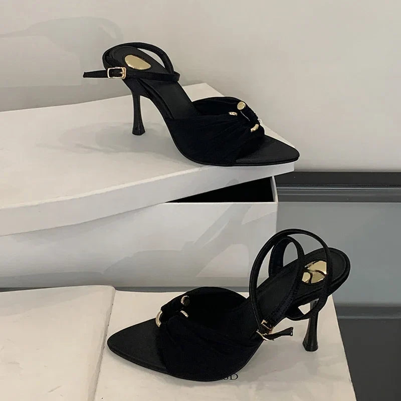 Comfort Hollow Out Metal Buckle Decoration Elegant Satin Ankle Strap Heels Pointed Toe Party Shoes