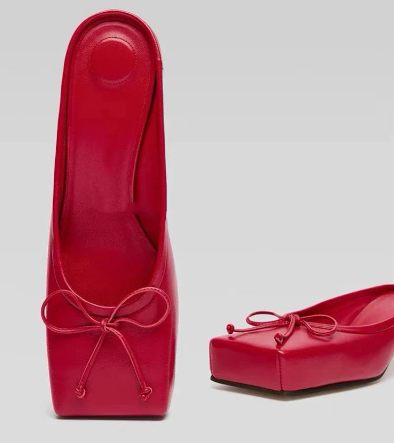 Brand Mule Pumps Slippers Bow Square Toe Party Red Elegant High Heels Sandals