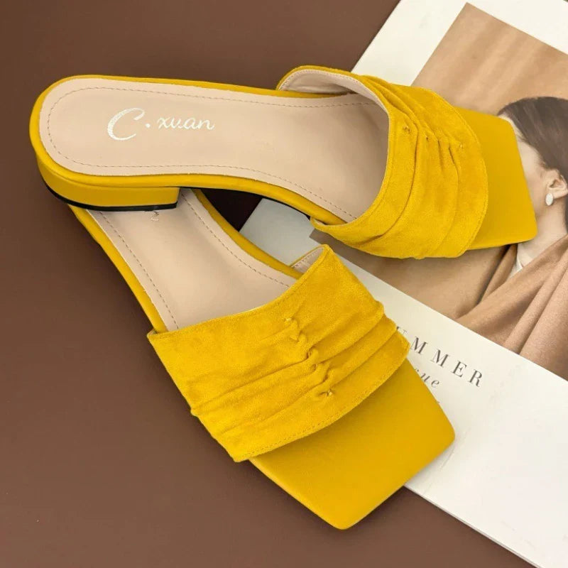 Square Toe Slippers Low Heel Casual Slides Comfort Non-slip Sandals Flats Beach Shoes