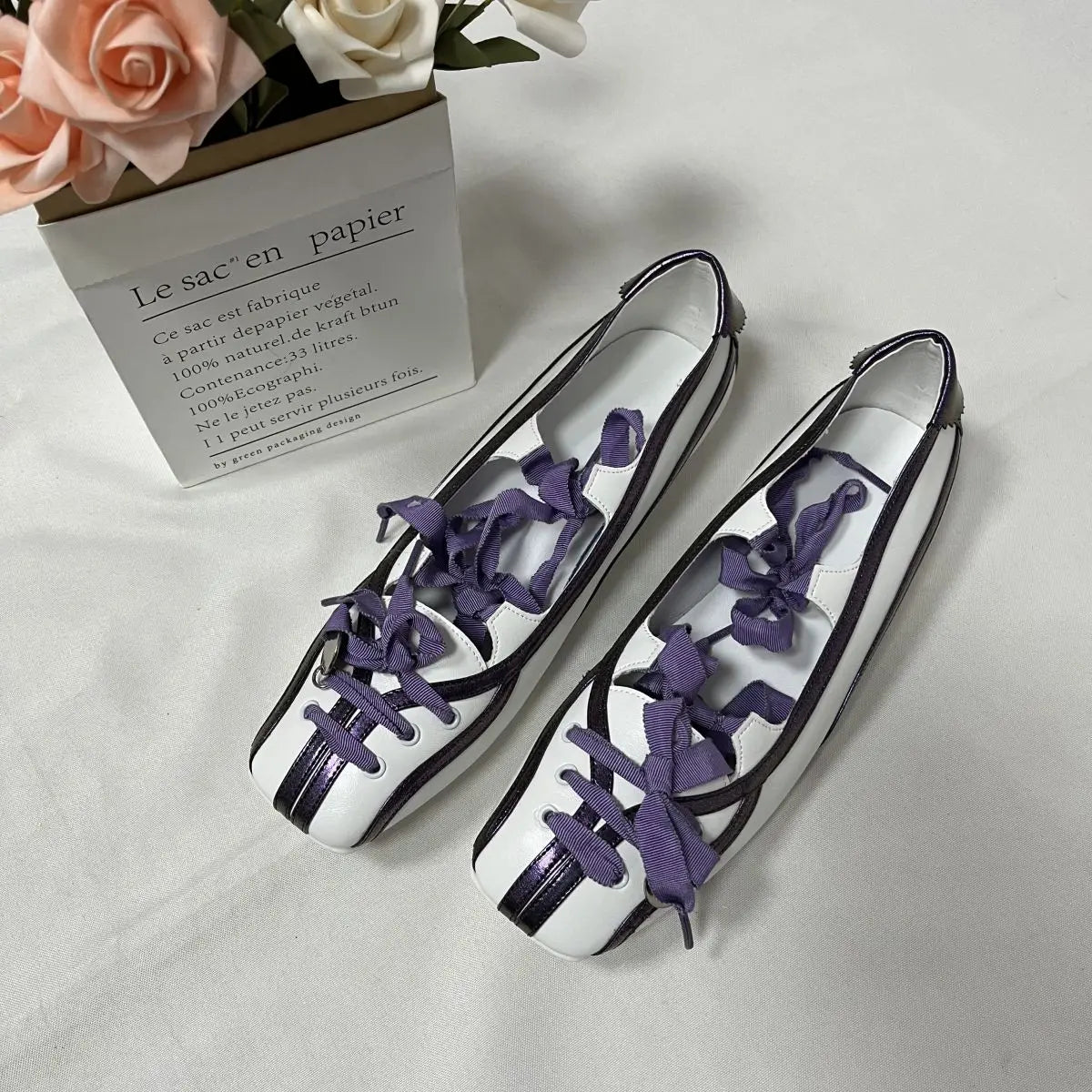 Lolita Square Toe Purple Flat Ballet Shoes Straps Bow Color Matching Mary Jane Shoes