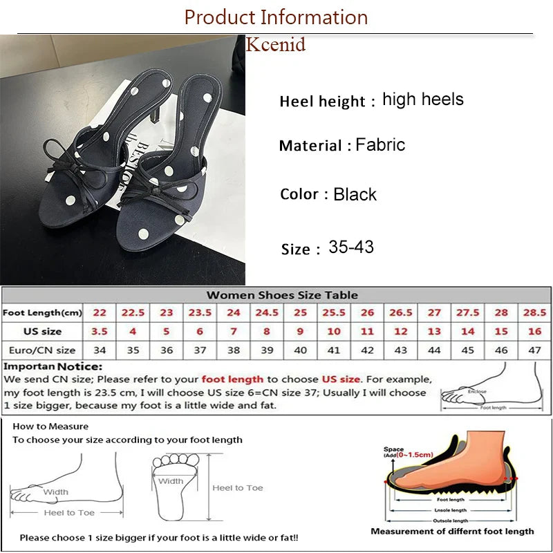 Black Polka Dot Peep Toe High Heel Mules Bowtie Slide Shoes Elegant Party Slip-On Footwear