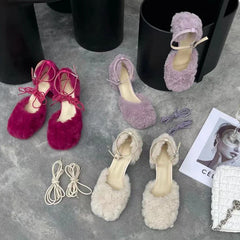 Brand Sandal Furry Elegant Square Low Heel Dress Pumps Shoes Outdoor Slingback Shoes