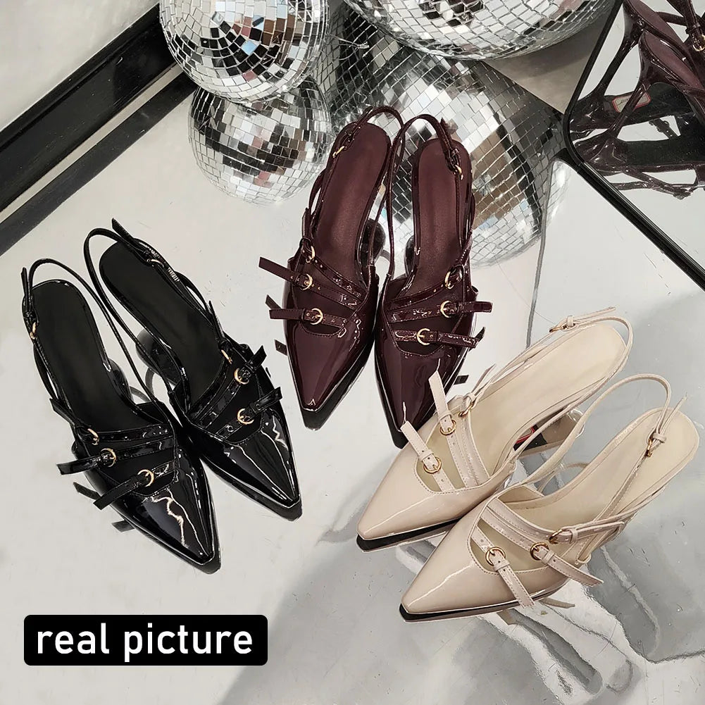 Brand Design Med Heels Pumps Pointed Toe Buckle Party Trend Slip-on Mules Pumps Slingback Stiletto Shoes