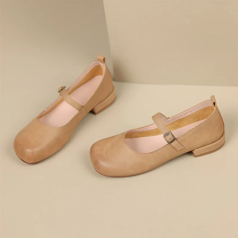 Vintage Round Toe Low Heels Genuine Leather Casual Office Working Shoes Woman Retro Style