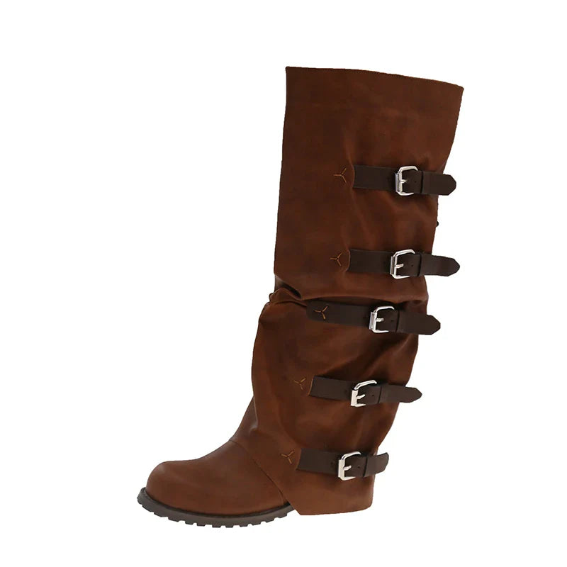 Knee-high Boots Shoes Woman Knight Boots Woman Buckle Chelsea Long Botas Pu Leather Motorcycle Shoes