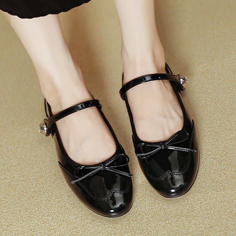 Hook&Loop Flats Mary Janes Round Toe Bowtie Ballets Shoes Red Japanned Leather Loafers Daily Office Mocassines