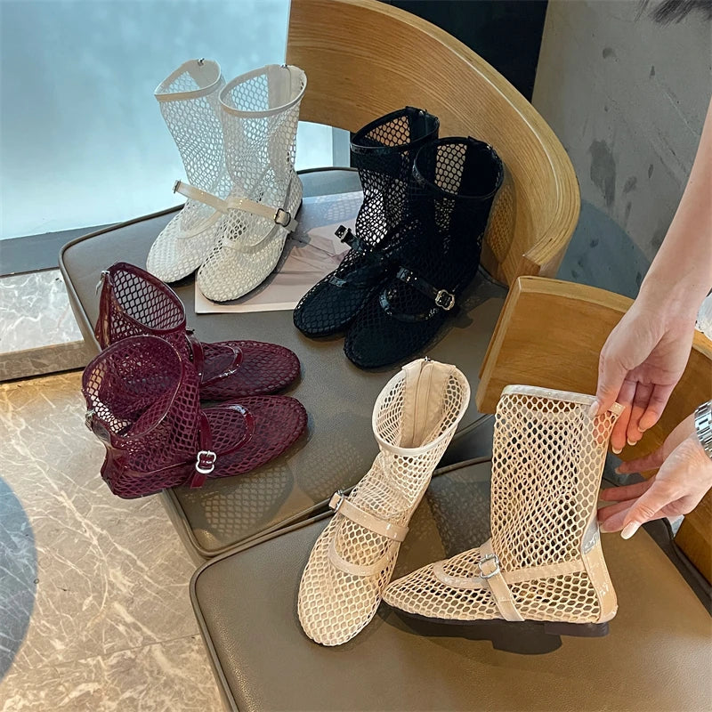 Woman Ankle Boots Burgundy Mesh Flat Shoes Porosity Round Toe Low Heels Shoes White Flats Size 43 Botas Feminino