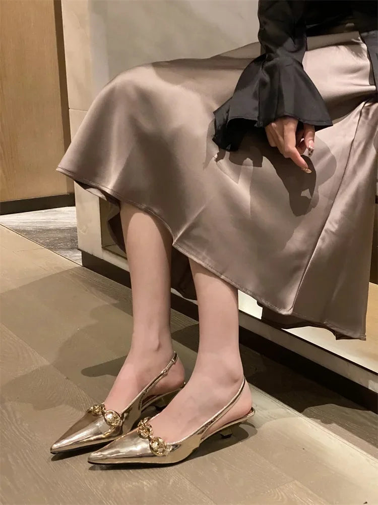 Elegant Metal Decoration Pointed Toe Thin Low Heels Sandals Casual Dress Mules Shoes