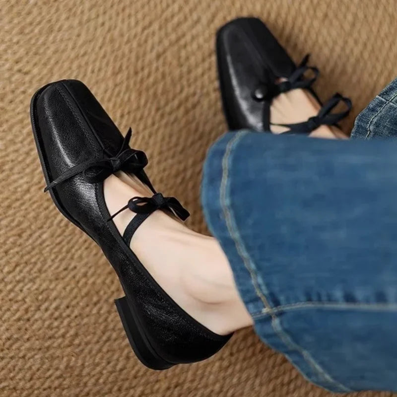 Mary Jane Shoes Ballet Bow Square Toe Mid Heels Nude Shoes Casual Elegant Shallow Pumps