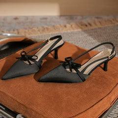 Satin Pointed Toe High Heels Bow Design Cover Toe Fine Heel 6cm Sandals Back Strap Party