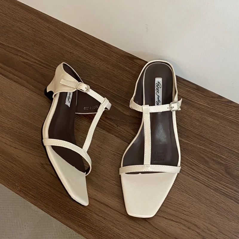 Slipper Square Heels Sandals Square Toe Party Wedding Shoes Slip On Beach Slides Mujer