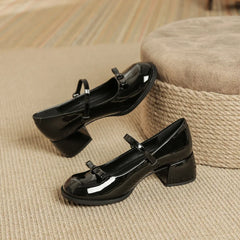 Patented Leather Mary Jane Shoes Retro Thick Heel Round Toe Shoes One Line Buckle Lace Up Single Shoe