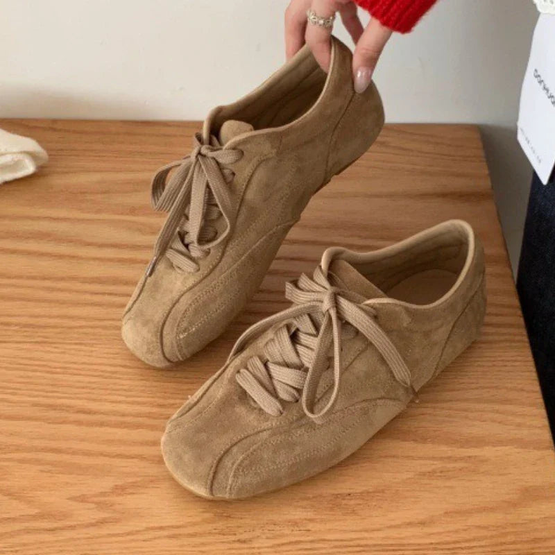 Suede Retro Lace Up Casual Flat Shoes Comfort Shallow Footwear Brown Brand Ballet Sneakers