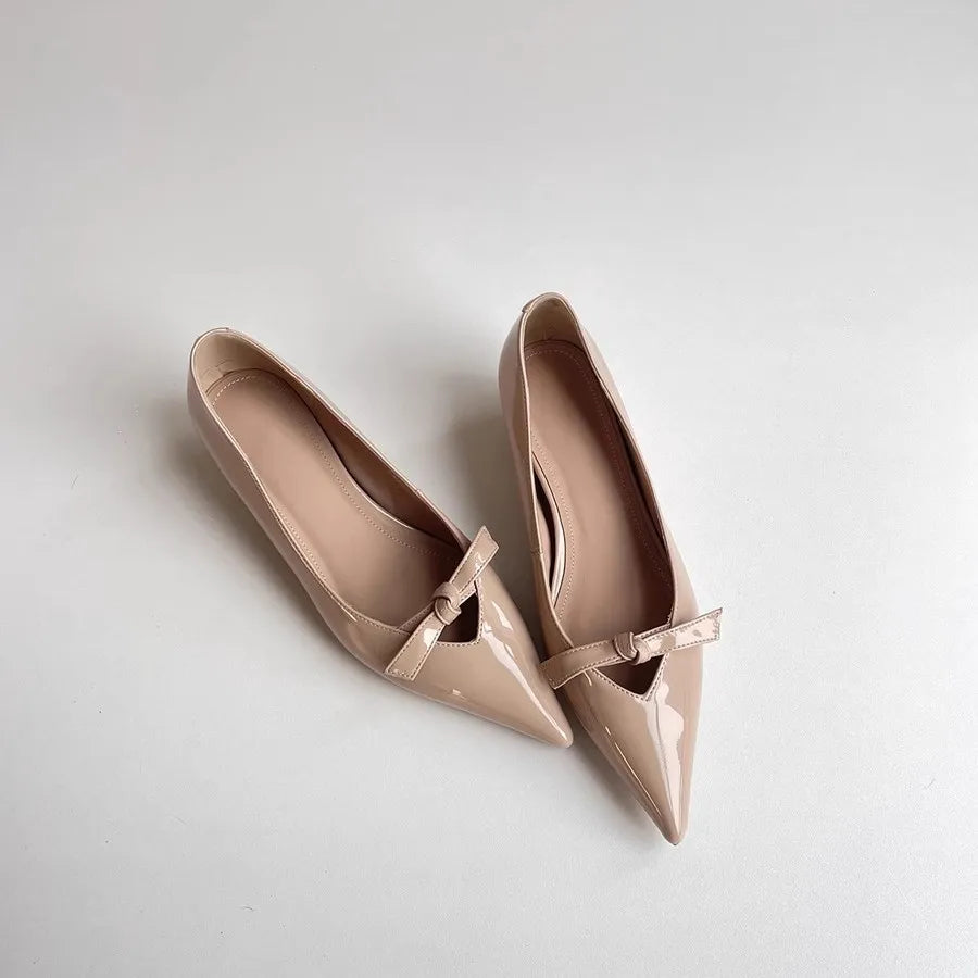 Lamb Skin Mary Janes Pointed Toe Low Heel Slip-On Shoes French Elegance Butterfly Knot
