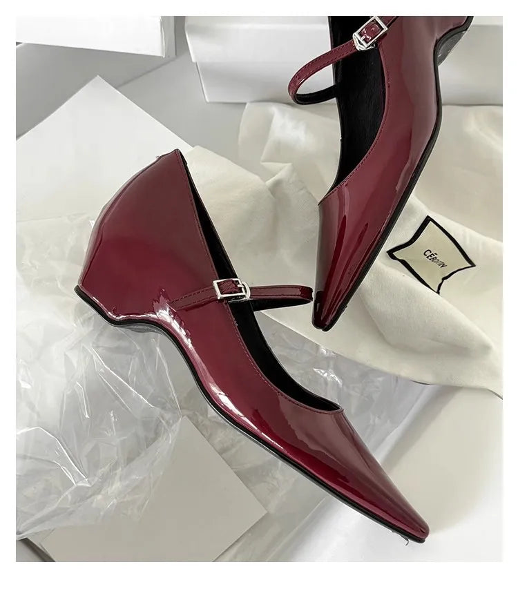 Pointed Toe Shoes Buckle Strap Solid Color Retro Brand 5CM High Heel Shallow Concise