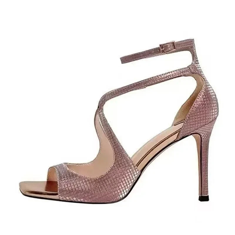 Elegant Ankle Cover Strap 7CM Gladiator Sandals Square Open Toe Pink High Heels Wedding Banquet Shoes