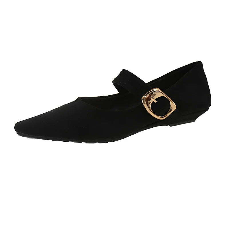 Low Heeled 2cm One Word Buckle Strap Design Solid Color Shallow Mouth Pointed Toe Comfy Low Heeled Shoes