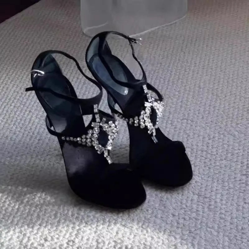round toe open-toe metal rhinestone T-band sandals stiletto high-heeled banquet dress versatile crystal shoes