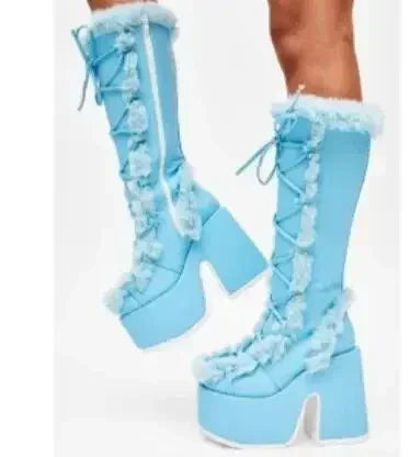 Snow Boots Platform Wedge High Heel Faux Fur Lady Shoes Plush Warm Non-slip Mid Calf Boots Goth Shoes