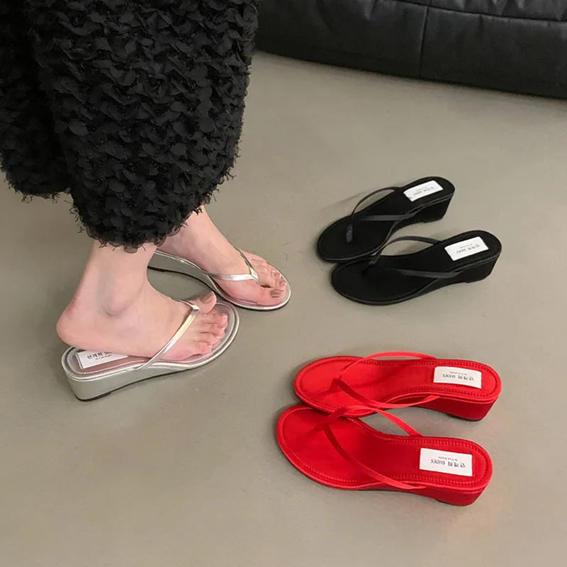 Slipper Narrow Band Slip On Flip On Shoes Low Wedge Heel Outdoor Dress Slides Woman