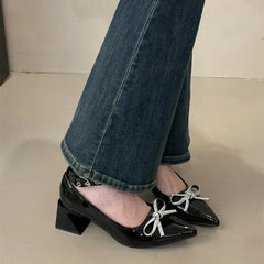 Rhinestone Bow Decorated High Heels Black Slingback Buckle Design Covered Heel Pointed Toe Mary Jane Shoes