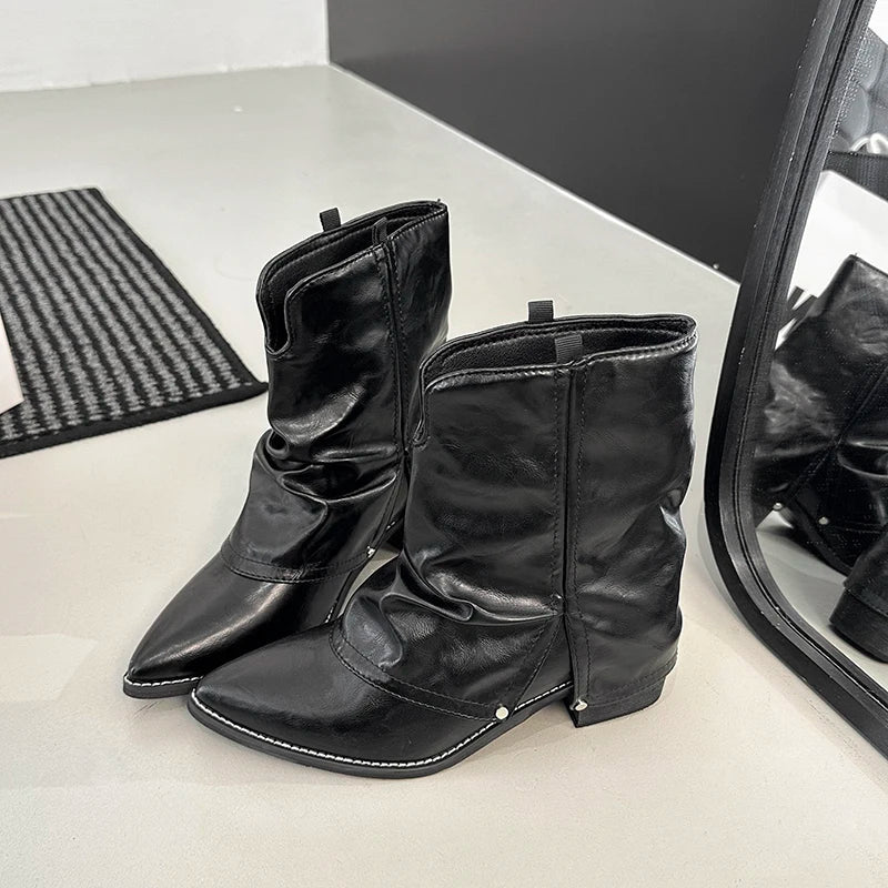 Western Cowboy Boots Vintage Pointed Toe Shoes Thick Heel Short Botas Zapatos De Mujer