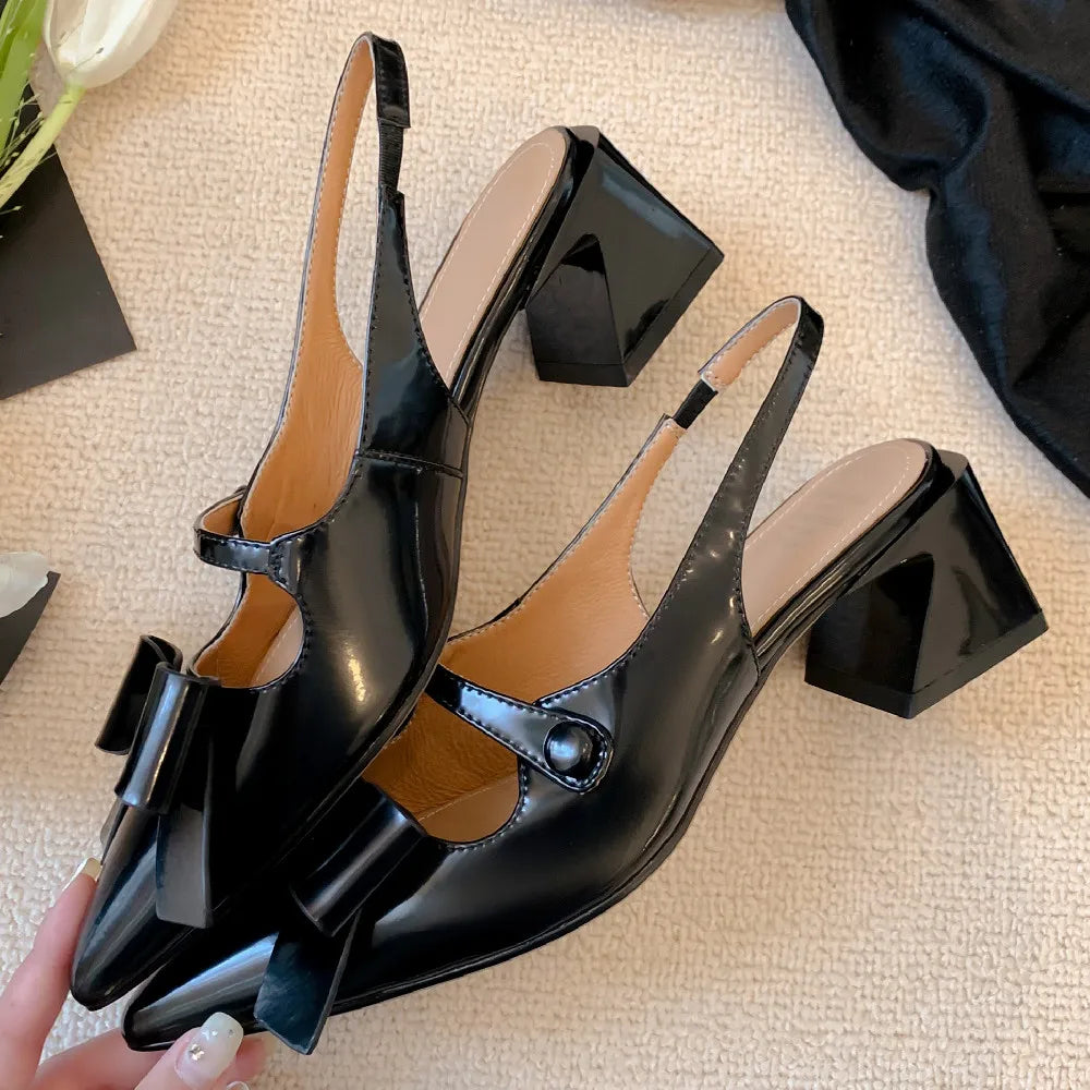 genuine leather thick high heel pointed toe slip-on pumps sweet bowtie korean style heeled sandals shoes