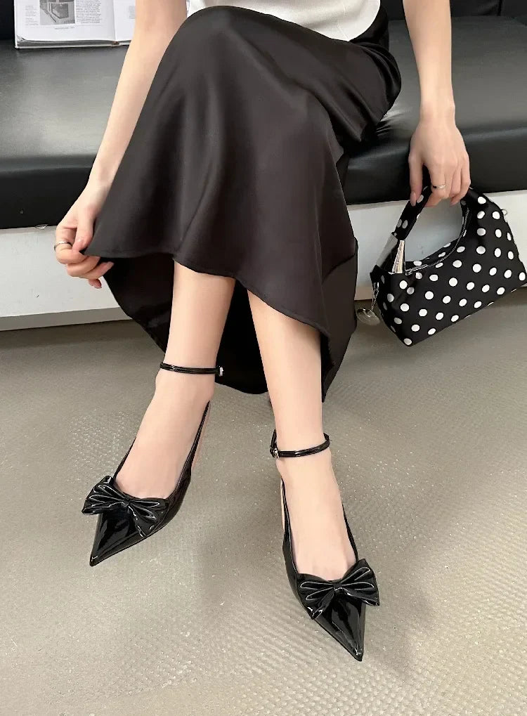 Design Butterfly-knot Woman Pumps Sandals Slingbacks Pointed Toe Ankle Buckle Strap Thin Low Heels Mules Shoes
