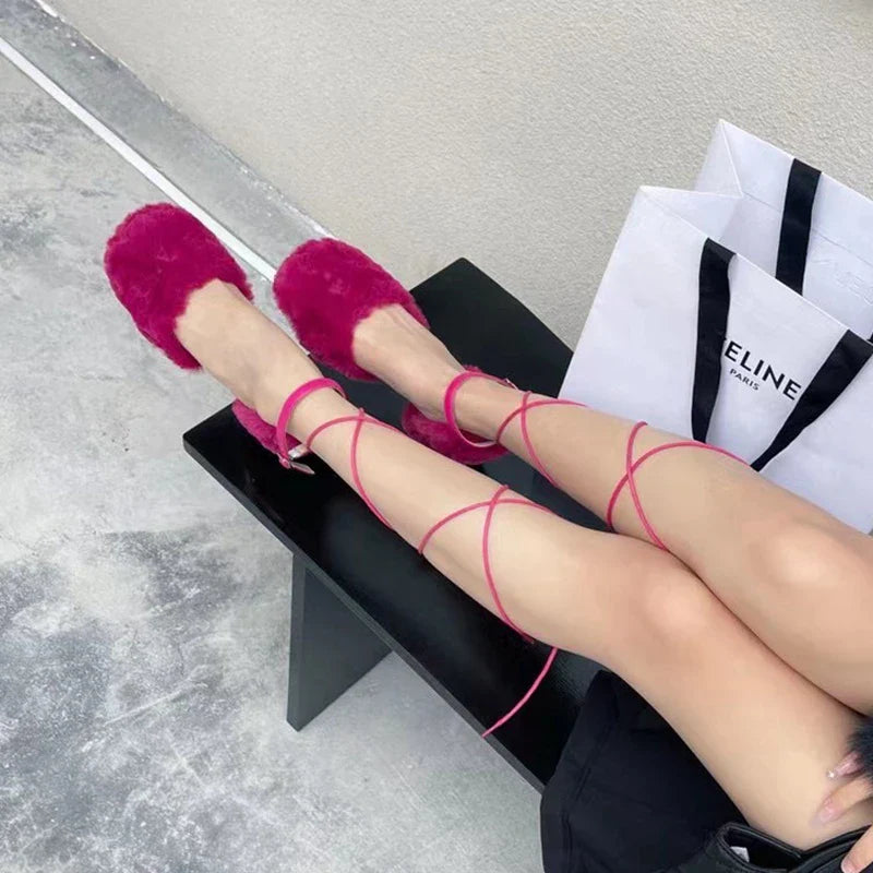 Brand Sandal Furry Elegant Square Low Heel Dress Pumps Shoes Outdoor Slingback Shoes