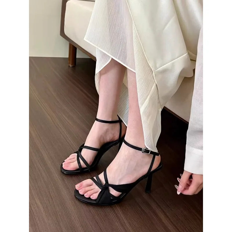 Beautiful apricot thick satin high heels dress single-line buckle stiletto sandals French open-toe hollow shoes