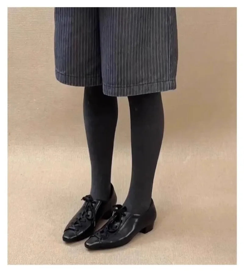 Black British Style Leather Shoes Retro Lace Up Mid Heel Pumps Comfortable Elegant Commuter Office Shoes Zapatos De Mujer