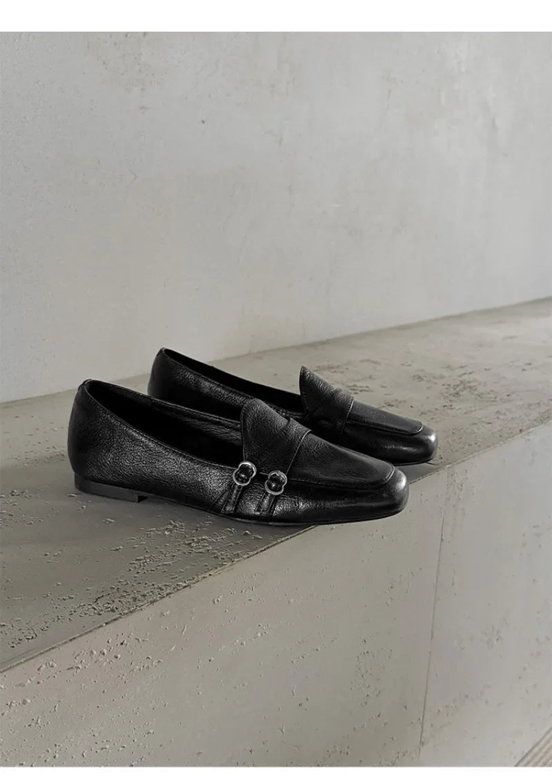 Elegant Burgundy Square Toe Loafers Metal Buckle Stitching Shoes Comfortable Commuting Flat Office Shoes
