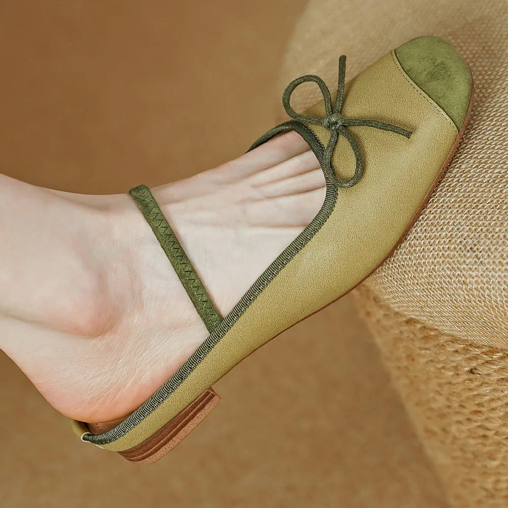 genuine leather mix color pathcwork round toe slip-on flats mules leisure soft comfortable shoes