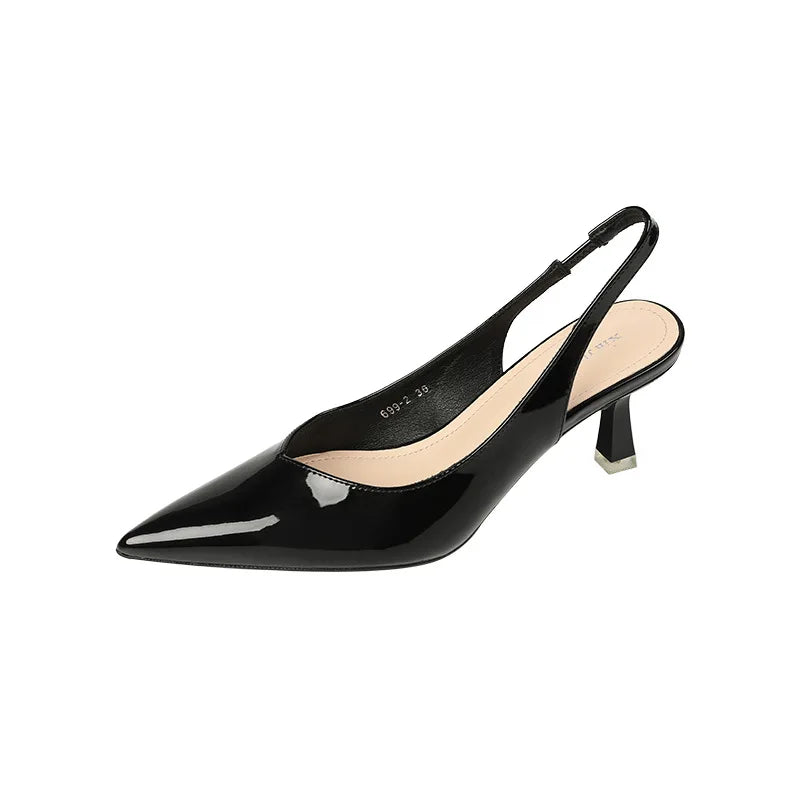 Elegant Slingback High Heels Sandals Woman Rear-Strap Shoes Office Dress Shiny Leather Pumps Pointed Toe Cut-Out Tacones