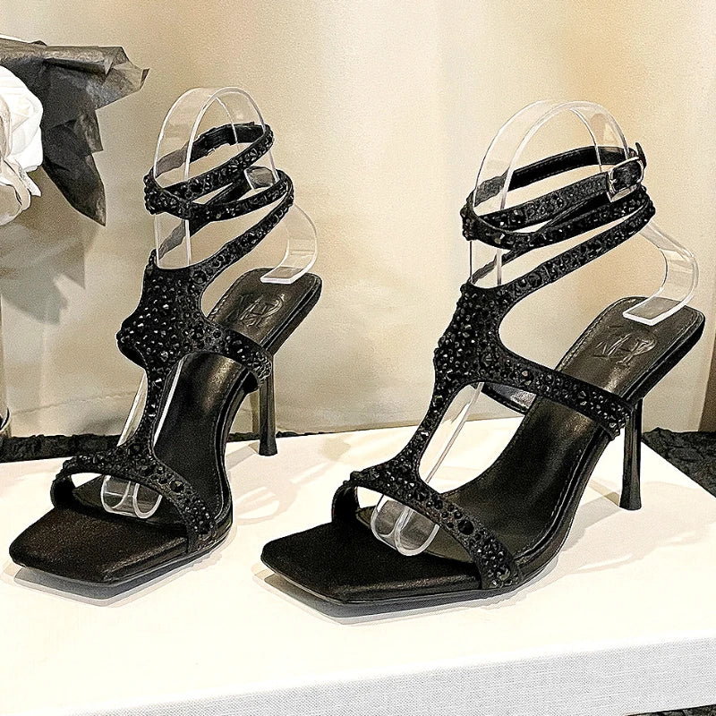 Rhinestones Thin High Heels Ankle Strap Party Open Toe Elegant Shiny Brand Sandals