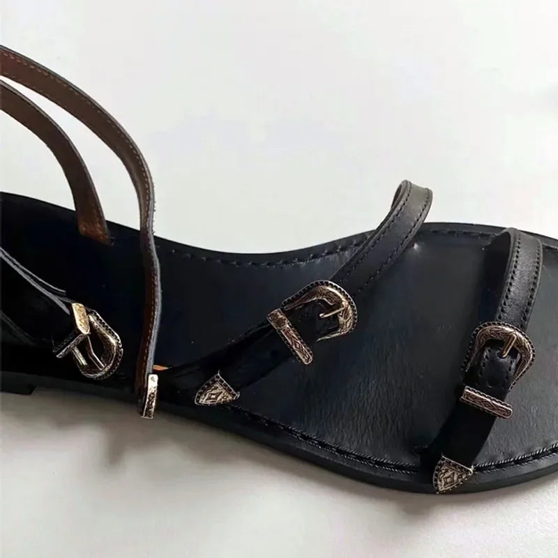 Multi Metal Buckle Design Flat Sandals Open Toe Ankle-Wrap Beach Roman Sandals Elegant
