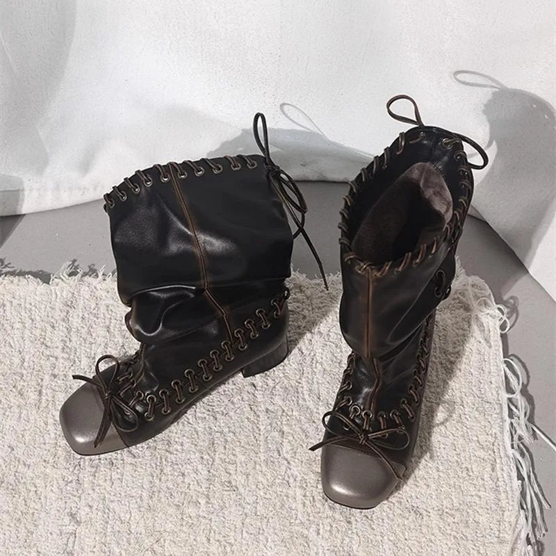 Vintage Pleated Mid-Calf Boots Cross-tied Square Toe Mid Heels Leather Novelty Concise Shoes