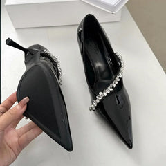 High Quality Rhinestone Decoration Pointed Toe Patent Leather Thin High Heels Elegant Party Dress Mules Shoes