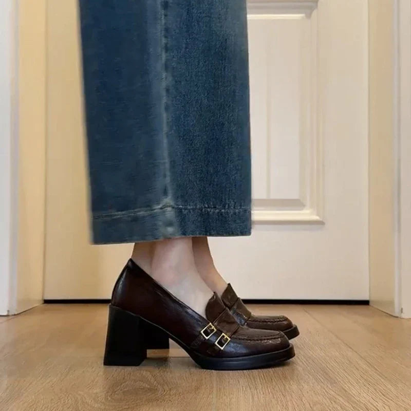 Vintage Thick High Mary Jane Shoes Banquet Party Pumps Slip On Elegant Dress Leather Shoes