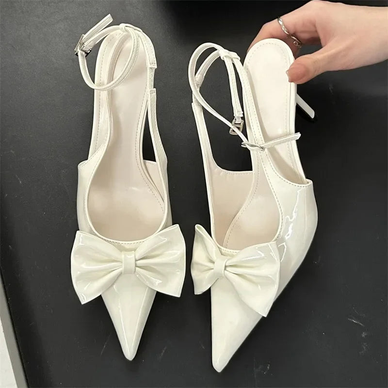 Design Butterfly-knot Woman Pumps Sandals Slingbacks Pointed Toe Ankle Buckle Strap Thin Low Heels Mules Shoes