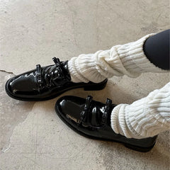 Preppy Double Bowtie Oxfords Woman Low Heels Flats Shiny Small Leather Shoes College Girls Sneakers Femmes Derby Loafers