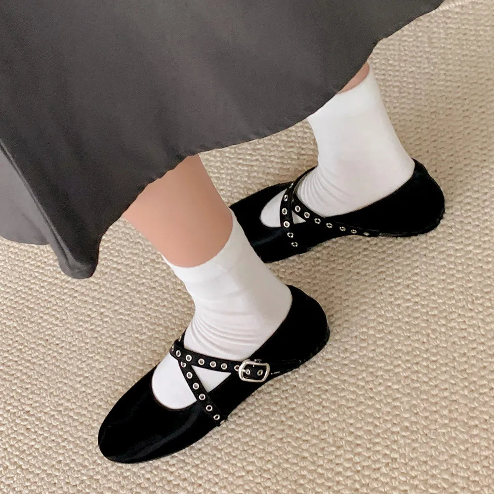 Flats Genuine Leather Ballet Flats Round Toe Buckle Strap Casual Comfortable Shoes Woman Concise