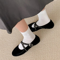 Flats Genuine Leather Ballet Flats Round Toe Buckle Strap Casual Comfortable Shoes Woman Concise