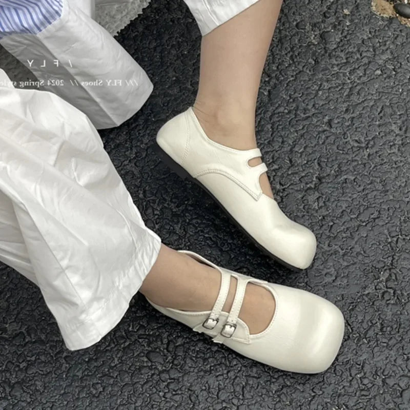 Vintage Slip On Loafers Casual Square Toe Ankle Strap Buckle Mary Jane Shoes Chunky Low Heel Pumps