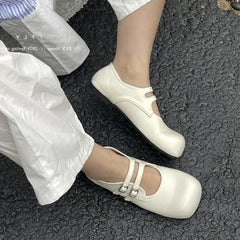 Vintage Slip On Loafers Casual Square Toe Ankle Strap Buckle Mary Jane Shoes Chunky Low Heel Pumps
