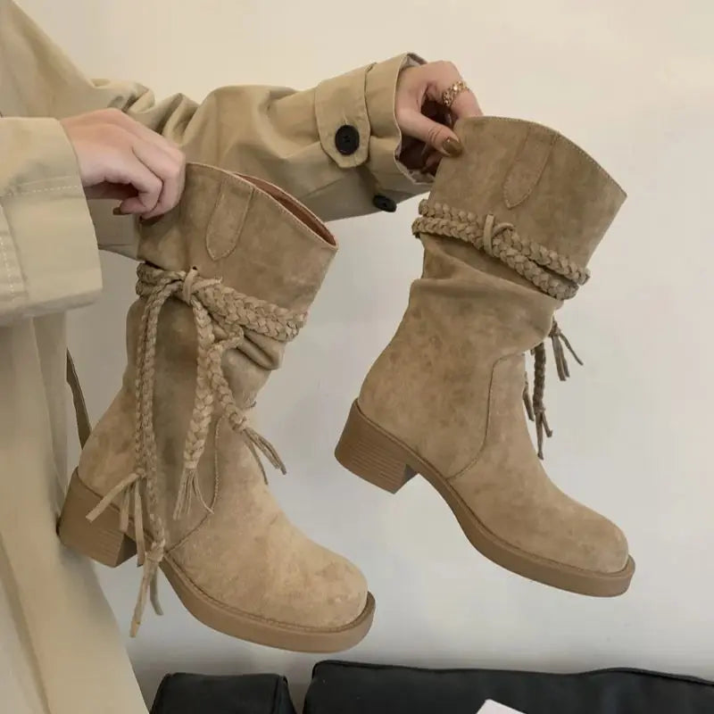 Brown Suede Boots Woman Round Toe Fall Gothic Shoes Chunky Heels Knee High Boots Western Style Shoes
