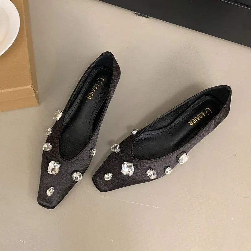Pink Rhinestones Silk Flats With Shoes Soft Shallow Footwear Crystal Slip On Flats Shoes