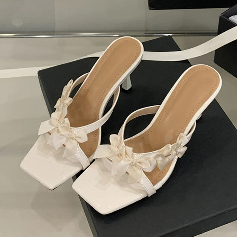 Yellow Silk Flowers Narrow Band Square Toe Mules Low Thin Heels Slippers Gladiator Sandals Shoes