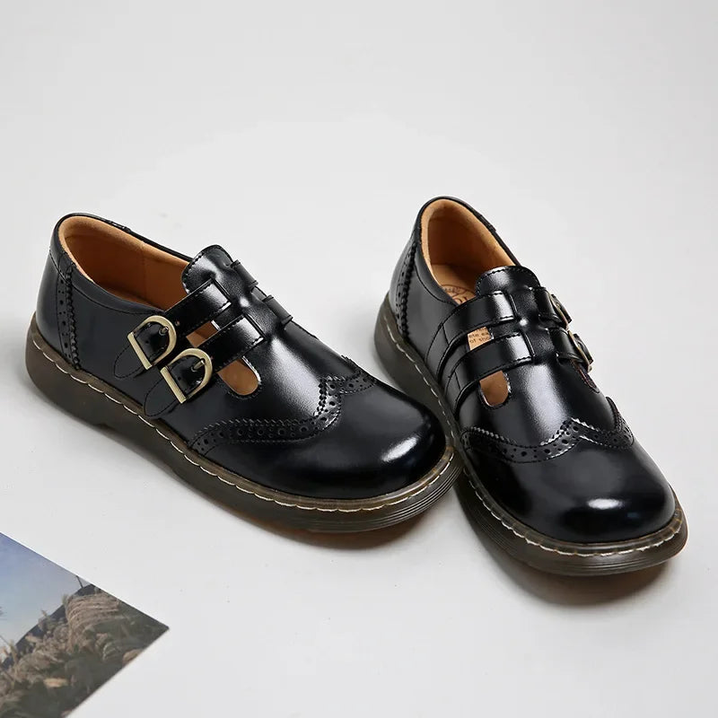 Mary Jane Shoes Thin Section Japanese Double Buckle Low-cut Flat Round Toe Small Leather Shoes